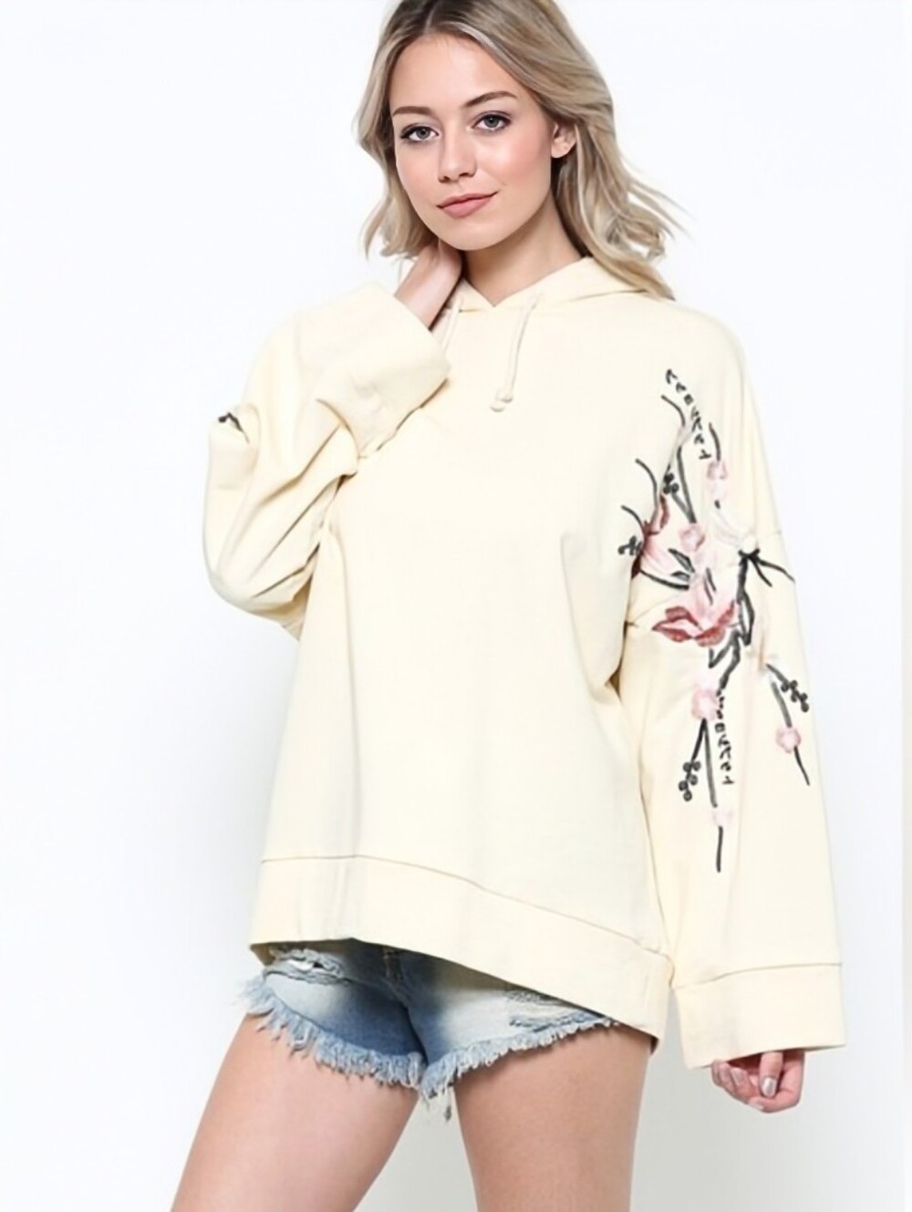 3-0731 ILLA ILLA Cream Hoodie Tee with Pink Floral Sleeve Embroidery